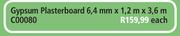 Gypsum Plasterboard 6.4mm x 1.2m x 3.6m-Each