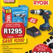Ryobi Impact Cordless Drill Driver Kit 18 Volt J22299-Each