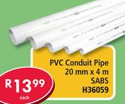 PVC Conduit Pipe 20mm x4m SABS H36059-Each