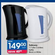 Safeway 1.7Ltr Cordless Kettle Black Or White-Each