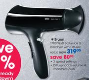 Braun 1700 Watt Satin-Hair 3 Hairdryer With Diffuser HD330