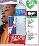 Aquelle Natural Still/Sparkling Water 1.5L+Red Bull Energy Drink 250ml+1xNesle Kitkat/Tex Or Bar One