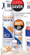Techni Block Sun Protection SPF40 Value Pack-340ml + 75ml Sprays + Lip Balm