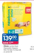 Clicks Jumbo Pack Disposable Nappies Mini-78's, Midi-74's, Maxi-68's Or Junior-58's-Per Pack
