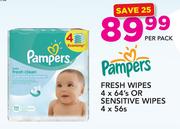 Pampers Fresh Wipes-4 x 64's Or Sensitive Wipes-4 x 56's Per Pack