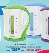 Safeway 1.7Ltr Cordless Kettle in Blue, Purple or Green-Each