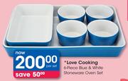 Love Cooking 6-Piece Blue & White Stoneware Oven Set