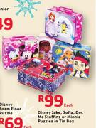 Disney Jake, Sofia, Doc Mc Stuffins Or Minnie Puzzles In Tin Box