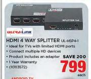 Ultralink HDMI 4 Way Splitter(UL-HSP4-1)-Each
