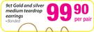 9ct Gold And Silver Medium Teardrop Earrings Bonded-Per Pair