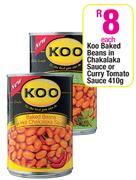 Koo Baked Beans In Chakalaka Sauce or Curry Tomato Sauce-410gm Each