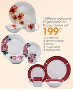 16 Piece Red Band, English Rose Or Poppy Dinner Set-Per Set