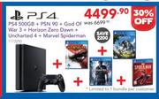 PS4 500GB+PSN 90+God Of War 3+Horizon Zero Dawn+Uncharted 4+Marvel Spiderman