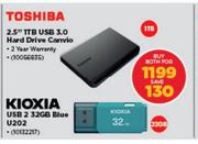 Toshiba 2.5" 1TB USB 3.0 Hard Drive Canvio + Kioxia USB 2 32GB Blue U202-Both For 