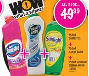 750ml Domestos + 750ml Handy Andy + 750ml Sunlight Dishwashing Liquid Assorted
