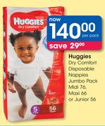 Huggies Dry Comfort Disposable Nappies Jumbo Pack Midi-76,Maxi-66 Or Junior-56-Per Pack