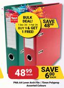 PNA A4 Lever Arch File 75mm Polyprop Assorted Colours-Each