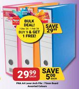 PNA A4 Lever Arch File 75mm Board Assorted Colours-Each