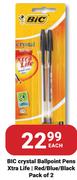 Bic Crystal Ballpoint Pens Xtra Life Red/Blue/Black Pack Of 2-Each