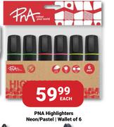 PNA Highlighters Neon/Pastel Wallet Of 6-Each