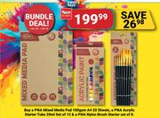 PNA Mixed Media Pad 180gsm A4 20 Sheets,Acrylic Starter Tube 20ml Set 12,Nylon Brush Starter Set 8