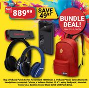 Volkano 10000mAh Power Bank, Bluetooth Headphone15.6" Laptop Backpack & Sandisk 32GB Flash Drive-All