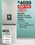 Defy 226Ltr Metallic Water On Tap Bottom Freezer Fridge DAC449