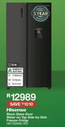Hisense 514L Black Glass Door Water-On-Tap Side By Side Freezer Fridge H670SMIB-WD