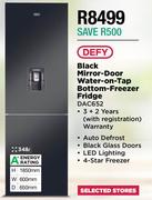 Defy 348L Black Mirror Door Water On Tap Bottom Freezer Fridge DAC652