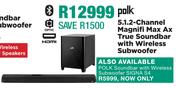 Polk 5.1 2 Channel Magnifi Max AX True Soundbar With Wireless Subwoofer