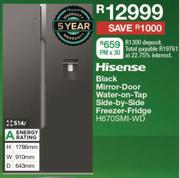 Hisense 514L Black Mirror Door Water On Tap Side-By-Side Freezer Fridge H670SMI-WD