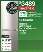 Hisense 230L Metallic Inox-Finish Bottom Freezer Fridge H299BI