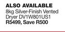 Hisense 8Kg Silver Finish Vented Dryer DV1W801US1