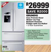 Grundig 530L Inox French Door Water On Tap Bottom Freezer Fridge With Ice Maker