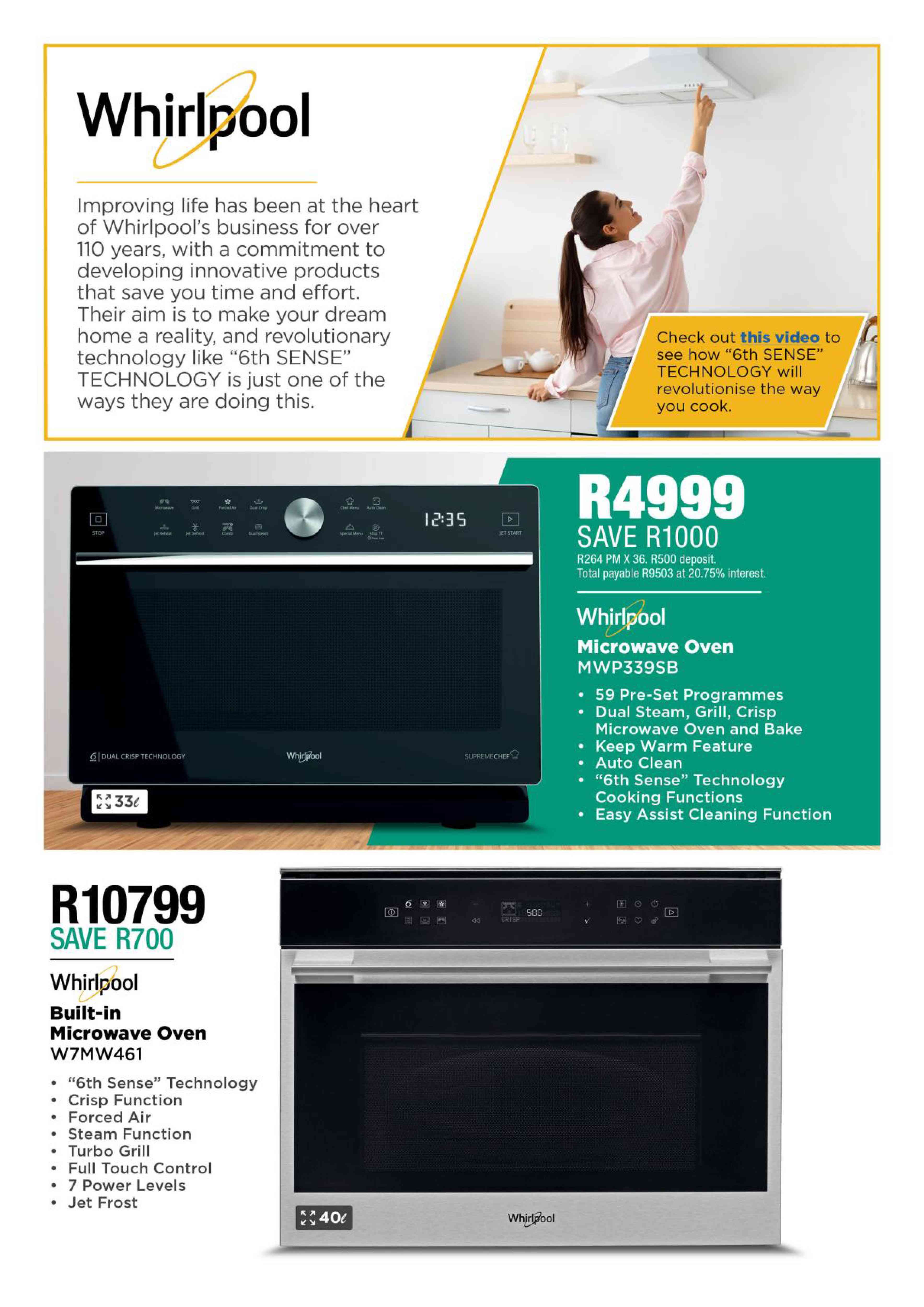 Special Whirlpool 40Ltr BuiltIn Microwave Oven W7MW461 — www.guzzle.co.za