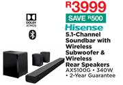 Hisense 5.1 Channel Soundbar With Wireless Subwoofer & Wireless Rear Speakers AX5100G