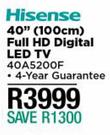 Hisense 40" (100cm) Full HD Digital LED TV 40A5200F