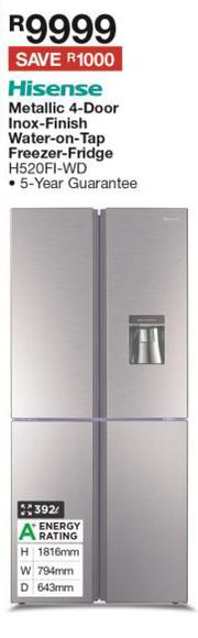 hisense 392lt 4 door fridge h520fi wd