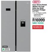 Defy 614L Inox Steel Finish Water On Tap Side By Side Freezer Fridge DFF463