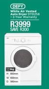 Defy 5Kg White Air Vented Auto Dryer DTD258