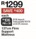 137cm Firm Support Double Mattress-Each