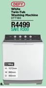 Defy 18Kg White Twin Tub Washing Machine DTT180
