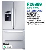 Grundig 530L Inox Finish French Door Water On Tap Side By Side Freezer Fridge With Ice Dispenser 