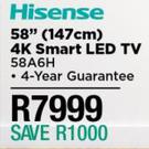 Hisense 58" (147cm) 4K Smart LED TV 58A6H