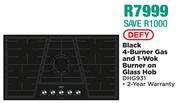 Defy Black 4 Burner Gas & 1 Wok Burner On Glass Hob DHG931