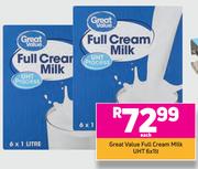 Great Value Full Cream Milk UHT 6 x 1 litre- Each