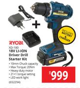 Ryobi 18V Li-Ion Driver Drill Starter Kit XD-180