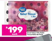 Great Value 1 Ply Toilet Tissue Rolls 48 Pack-Each