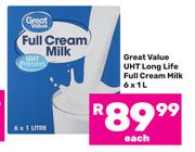 Great Value UHT Long Life Full Cream Milk-6 x 1L Each