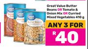 Great Value Butter Beans Or Tomato & Onion Mix Or Curried Mixed Vegetables 410g-For 3